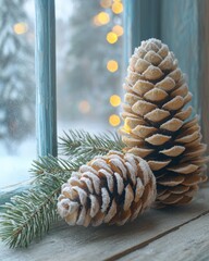 Festive pinecones with snow and greenery near a window with blurred holiday lights
