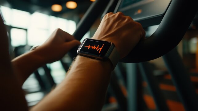 Close-up of a person's wrist with a smart watch displaying workout data on a stationary exercise bike. - Powered by Adobe