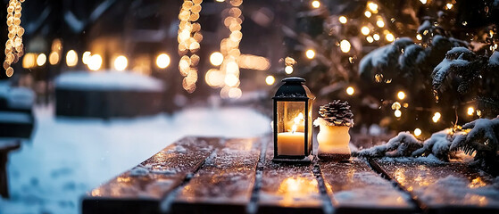 Winter Christmas decoration with glowing lantern and burning candle on a wooden table. Cozy outdoor composition for seasonal promotions and holiday visuals.