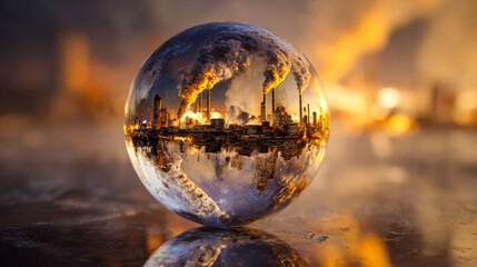 Industrial pollution reflected in a glass sphere with city skyline and fiery sunset background