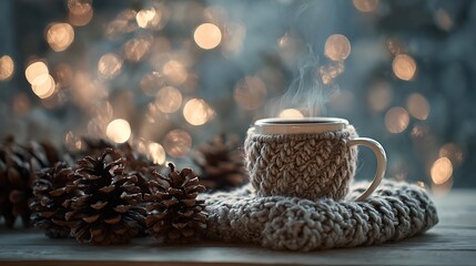 A steaming mug of coffee or tea rests on a knitted cozie, surrounded by pinecones and soft bokeh lights, evoking warmth and comfort during chilly winter .