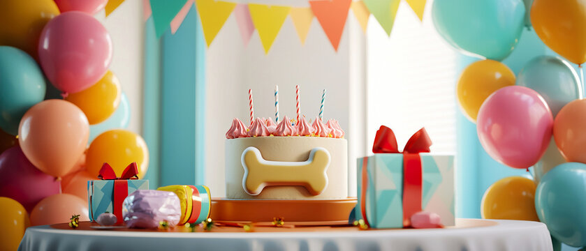 Colorful dog birthday banner with festive cake, balloons and bright party decor. Banner for pet-friendly celebrations and event promotions. - Powered by Adobe
