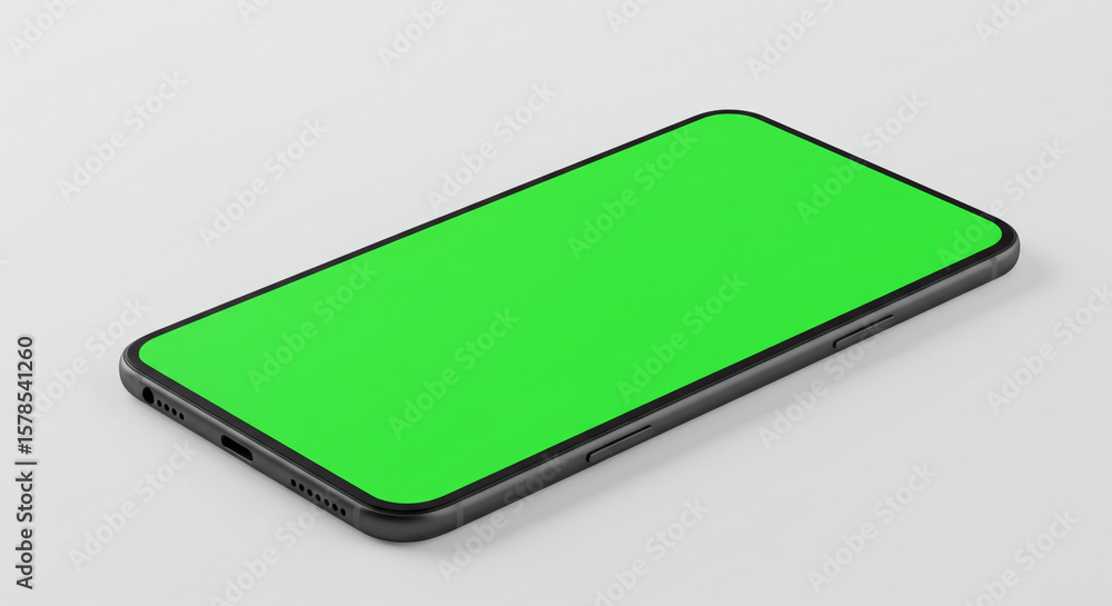 Poster a smartphone with a green screen lying flat on a white surface in a studio environment setting