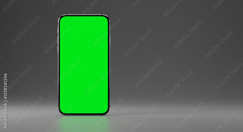 Poster a single smartphone with a bright green screen standing upright on a grey surface in a studio settin