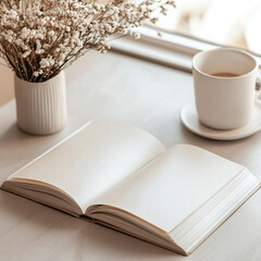 Flat lay with open notebook, cup of coffee and dried flowers on neutral background. Journaling, planning and slow living concept for blogs, social media or marketing.