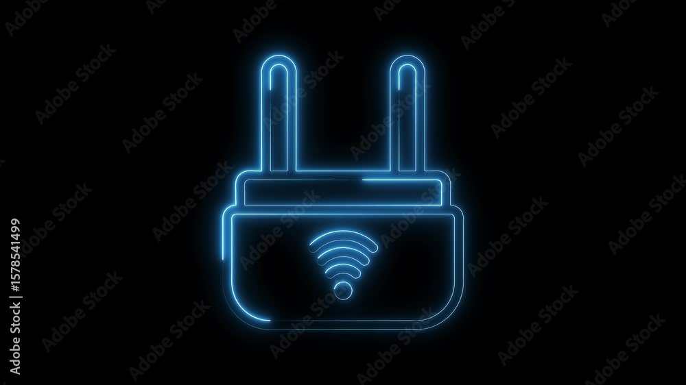 Poster glowing neon wireless router icon animation on black background for technology concepts