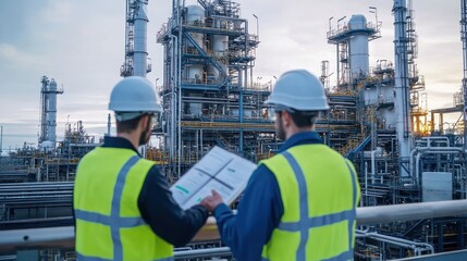 Two industrial workers in safety gear review documents at a large petroleum refinery complex.