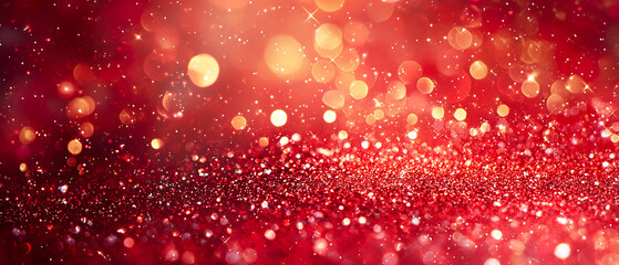 Red abstract Christmas background with glowing golden sparkles, shimmering bokeh, and festive lights. Seasonal banners, cards, and holiday designs.