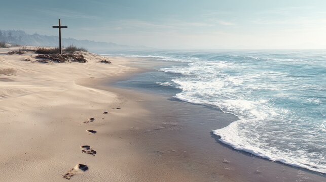 Concept photo of a serene beach with gentle waves lapping at the shore. In the foreground, there are two sets of footprints imprinted in the sand, leading towards a lone wooden cross.