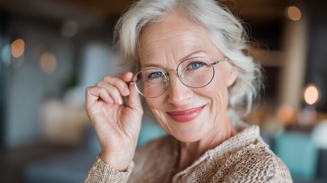 Portrait of happy senior woman holding eyeglasses and looking at camera at home. Successful old lady laughing and working at home. Beautiful stylish elderly woman smiling and relaxing at home., no lo