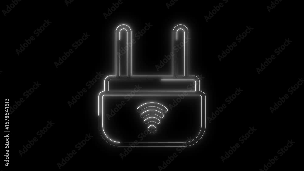Poster glowing white neon style wifi router animation on a black background loopable seamless