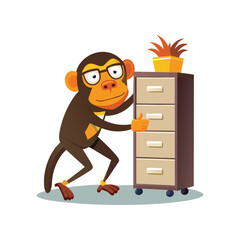 Funny Office Monkey Pushing Banana-Shaped Filing Cabinet Vector &ndash; Quirky Workplace Animal Character Concept Art for Business, Productivity, and Humor-Themed Design Projects