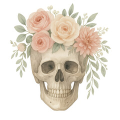 Obraz premium Pastel Floral Skull Wreath Watercolor Roses and Dahlias,clipart, cut out, no background ,PNG die-cut for advertising