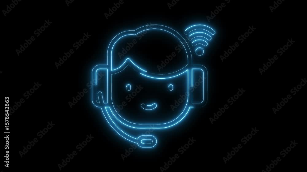 Poster neon style customer support icon animated glowing person with headset and wifi connection