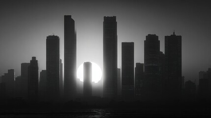 As the sun rises the buildings emerge from the darkness their silhouettes slowly fading away into the light. Black and white art