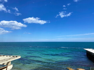 Fototapeta premium An unsurpassed natural picture of numerous shades of sea blue on the Black Sea coast in late spring.