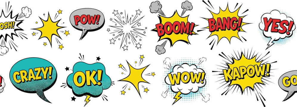Comic book speech bubbles vector illustration set, pop art style elements, explosion sound effects design