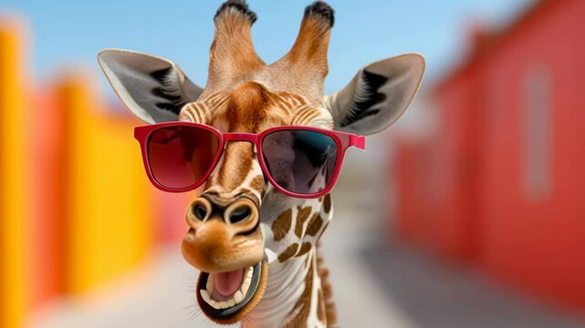 Giraffe wearing stylish red sunglasses, smiling playfully against a vibrant orange background, showcasing a fun and whimsical atmosphere, perfect for creative projects or playful themes in visual stor