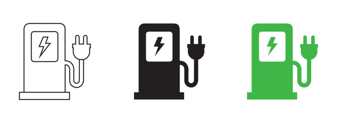 Car charging point icon. Electric Vehicle Charging Station Icon Set Outline, Solid, and Green Style