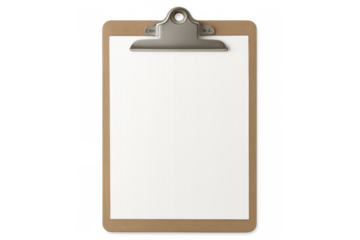 Clipboard featuring blank white paper, ready for notes or documents, isolated on a transparent background, providing ample copy space