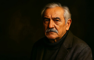 Obraz premium Dramatic cinematic portrait of an elderly Turkish man with expressive mustache and deep facial lines, wearing a dark green turtleneck and beige knit hat, positioned in soft light. Negative space.
