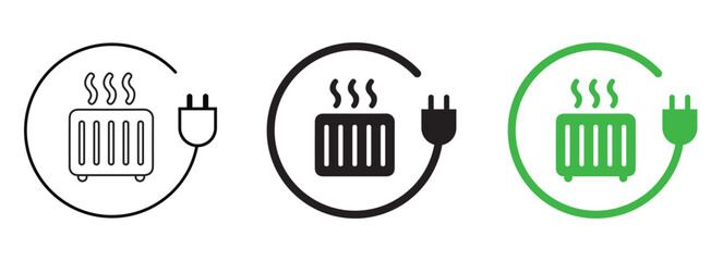 Electric Heater Icon Set with Plug and Steam Outline, Solid, and Green Eco Style