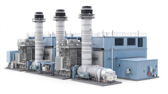 A heat recovery steam generator (HRSG) in a combined cycle plant, showing the large banks of tubes where exhaust heat from the gas turbine boils water to create steam. 3d illustration.