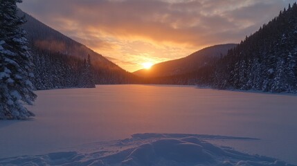 Winter sunrise over a frozen lake, snow-covered mountains and pine trees.