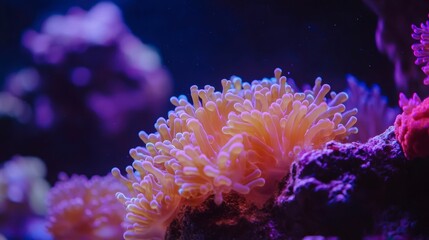 Fototapeta premium Vibrant coral polyps in an underwater scene illuminated by purple and blue light.