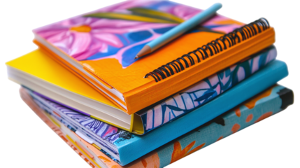 • A stack of stylish notebooks with a focus on bullet journaling, isolated on white background in HD 