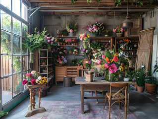 Cozy flower shop with wooden shelves, fresh floral arrangements, and rustic decor in a sunlit workspace