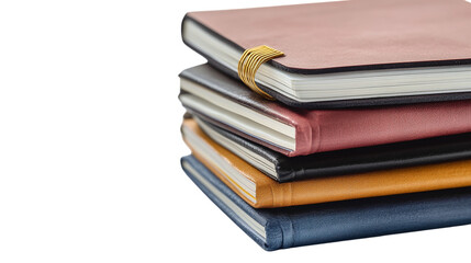 • A stack of stylish notebooks with a focus on bullet journaling, isolated on white background in HD 