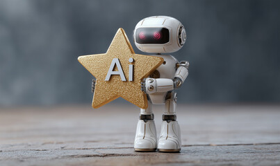 Humanoid stand in open office hold gold star awards write "Ai" name on the star meaning the quality of Ai service behind the personnal standing ovation