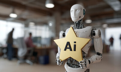 Fototapeta premium Humanoid stand in open office hold gold star awards write 