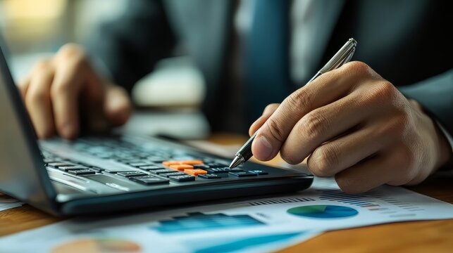 Budget and financial planning concept: Calculate company income and expenses. Corporate finance and annual strategic plan. Businessman using laptop with budget icon on virtual screen.