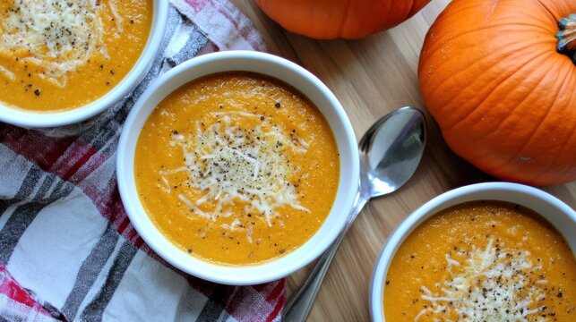 Creamy pumpkin soup in bowls, topped with grated cheese and pepper, served on a wooden table.