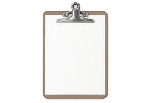 Blank paper clipped to clipboard, positioned against transparent backdrop for text insertion