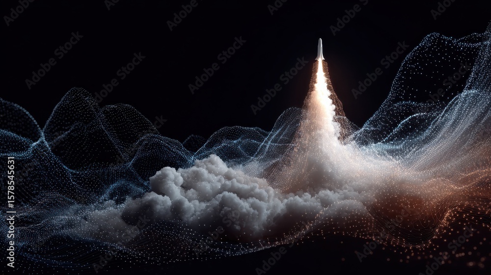 Aufkleber digital rocket launching through abstract data waves