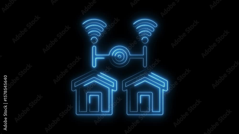 Poster neon houses connected to internet of things technology with wifi signal network connection