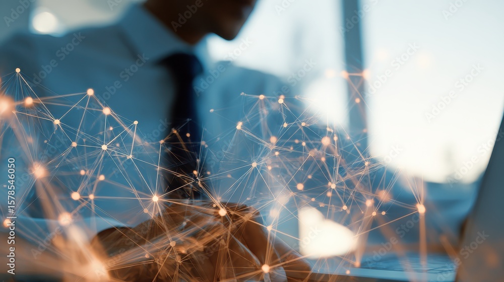 Poster double exposure of businessman working with new modern computer show social network structure as con