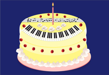 composition with a cake with sheet music and keys
