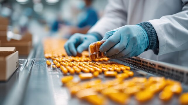 Pharmacy technician packing pills for delivery, medication logistics in healthcare supply chain.
