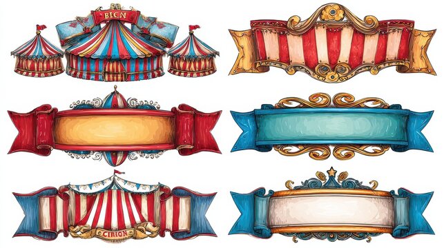 Old carnival circus banners and carnival labels vector set. Circus festival, arrow banner to entertainment illustration, no logos, no brands