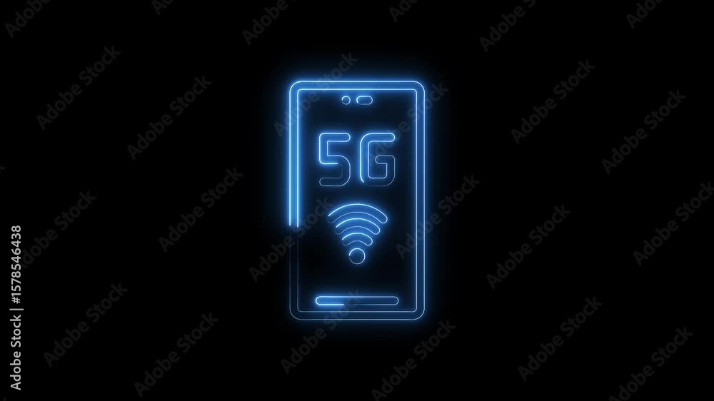 Poster neon 5g mobile phone display on dark background seamless looping animated video