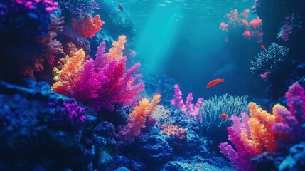 underwater coral reef background with glowing marine life