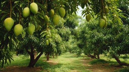 Mango trees with hanging fruit in vibrant green orchard