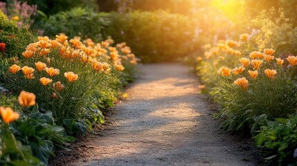 Sunny garden path lined with orange flowers.