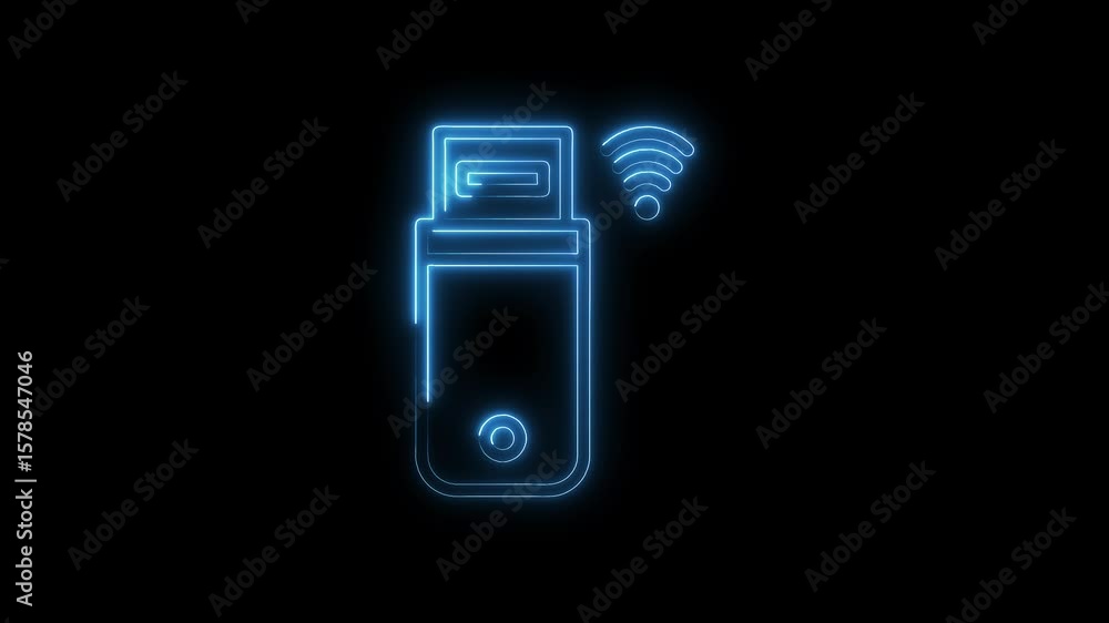 Poster glowing neon style usb wifi adapter icon animation against black background for technological projec