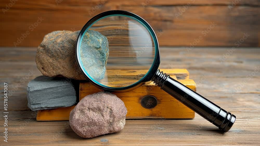 Poster magnifying glass placed on a wooden surface, surrounded by various textured stones, highlighting the