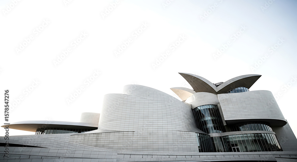 Poster abstract modern building with curved forms rises toward a soft, bright sky creating visual harmony.